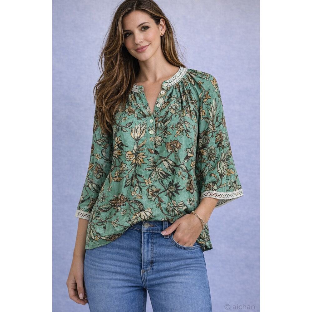 CHUFY Nile Tales 100% Silk Floral Boho Blouse Top Medium Luxury Resortwear